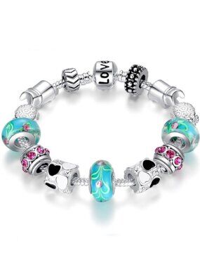 NWT Turquoise Charm Bracelet Silver Tone Love Heart Bead Bracelet